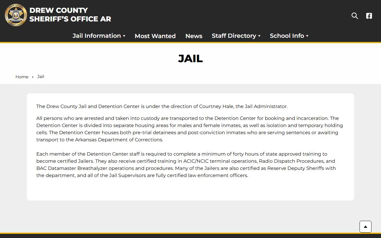 Drew County Detention Center inmate lookup and jail information page